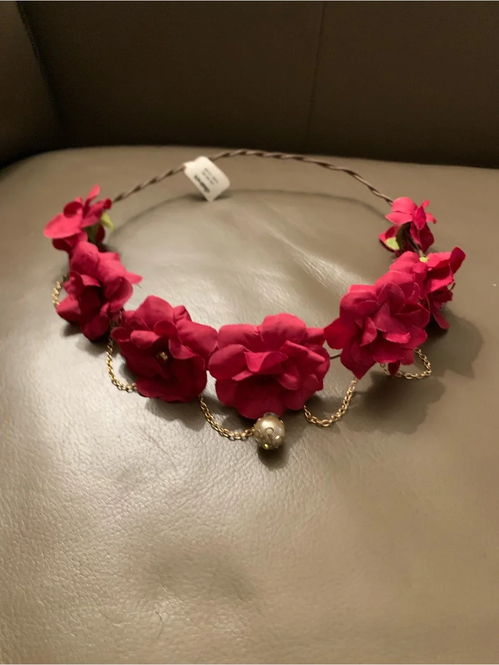 Red Flower🌹 Crown 👑Headband with Gold Chain and Pearl Accent-Adjustable/Bendable